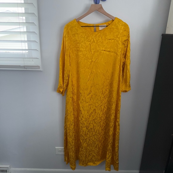 Sezane 42 US 10 Tinsley Jacquard Yellow Midi Dress 3/4 Sleeve - Picture 2 of 9